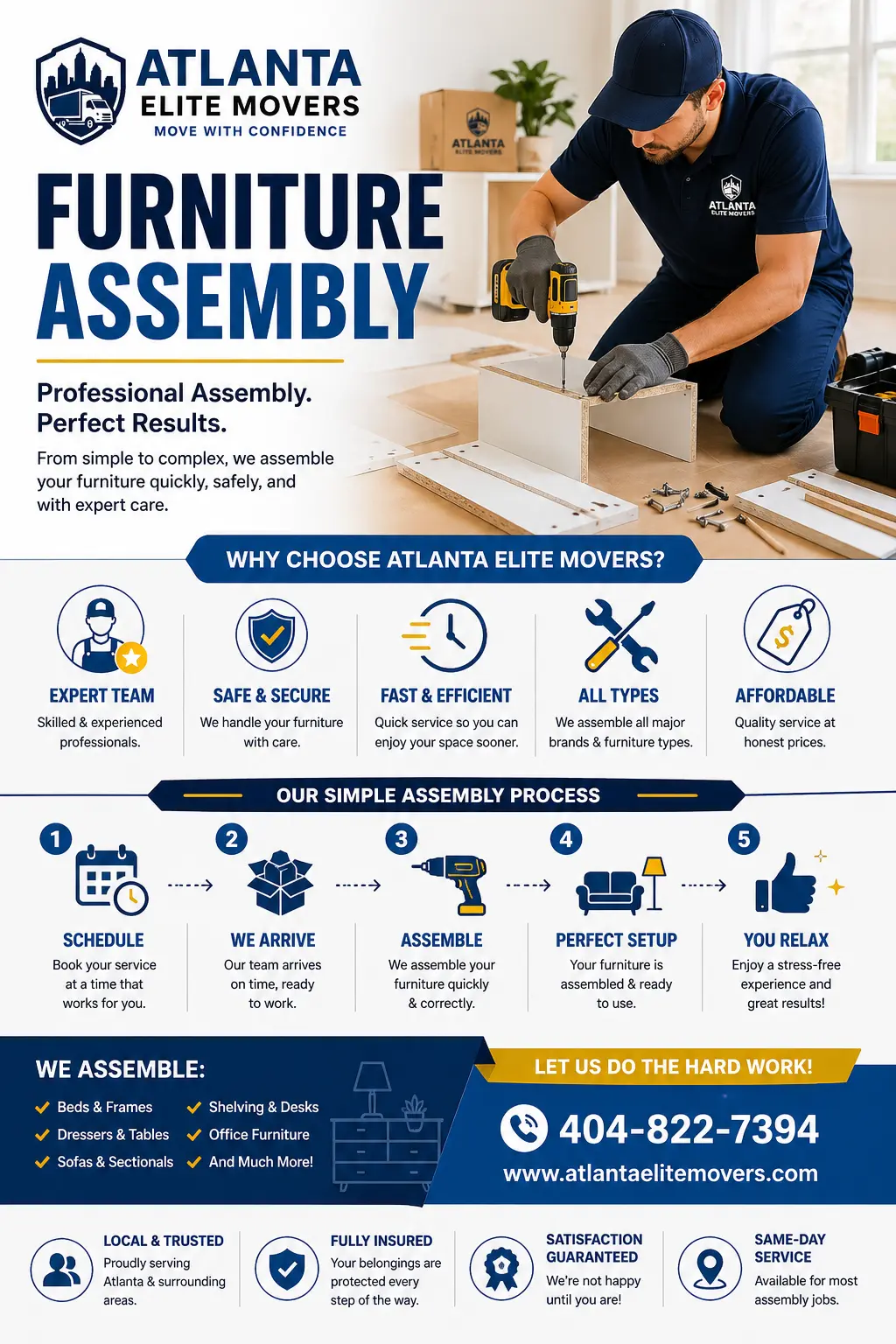 Professional furniture assembly team working in an Atlanta home