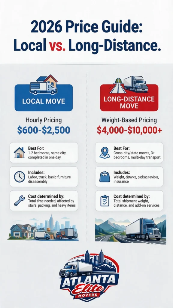 An infographic comparing the average cost of a local move vs a long-distance move in 2026 based on distance and home size.