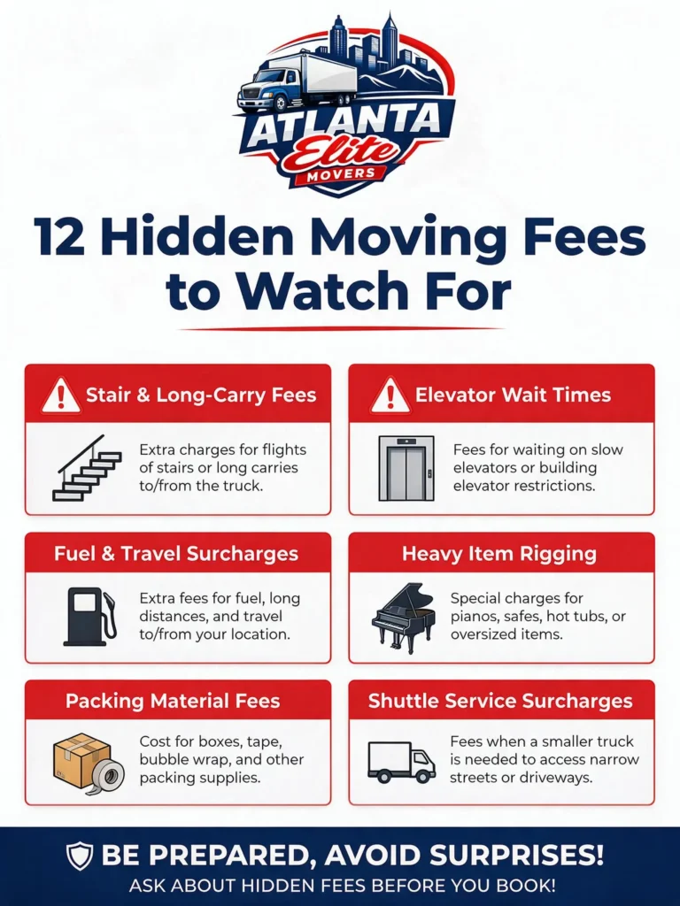 Infographic displaying the 12 most common hidden moving fees found on moving company quotes.