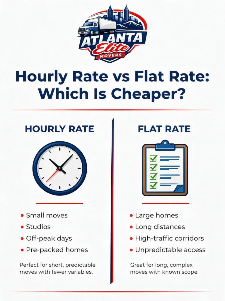 Infographic comparing an hourly rate vs flat rate moving quote to determine which is cheaper for your relocation