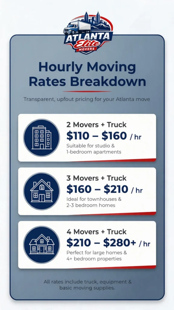 Infographic displaying how much do movers charge per hour based on crew size and home layout