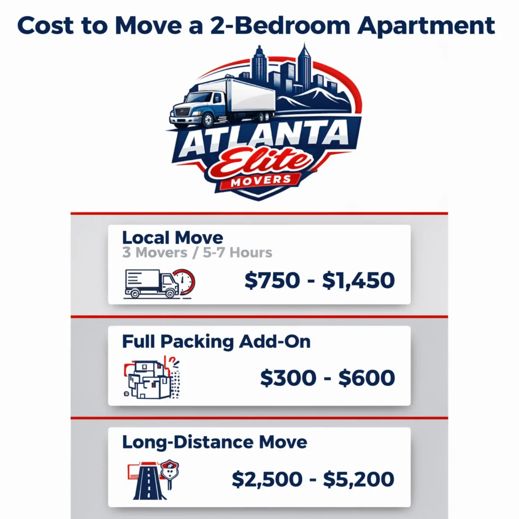 Infographic displaying the average cost to move a 2-bedroom apartment locally and long distance