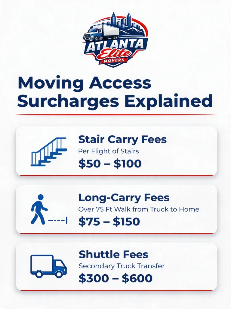 Infographic explaining stair fees, long-carry fees, and shuttle fees charged by moving companies