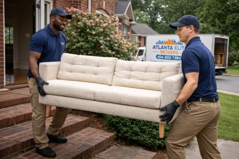 Movers in atlanta, Movers transporting sofa in suburban neighborhood