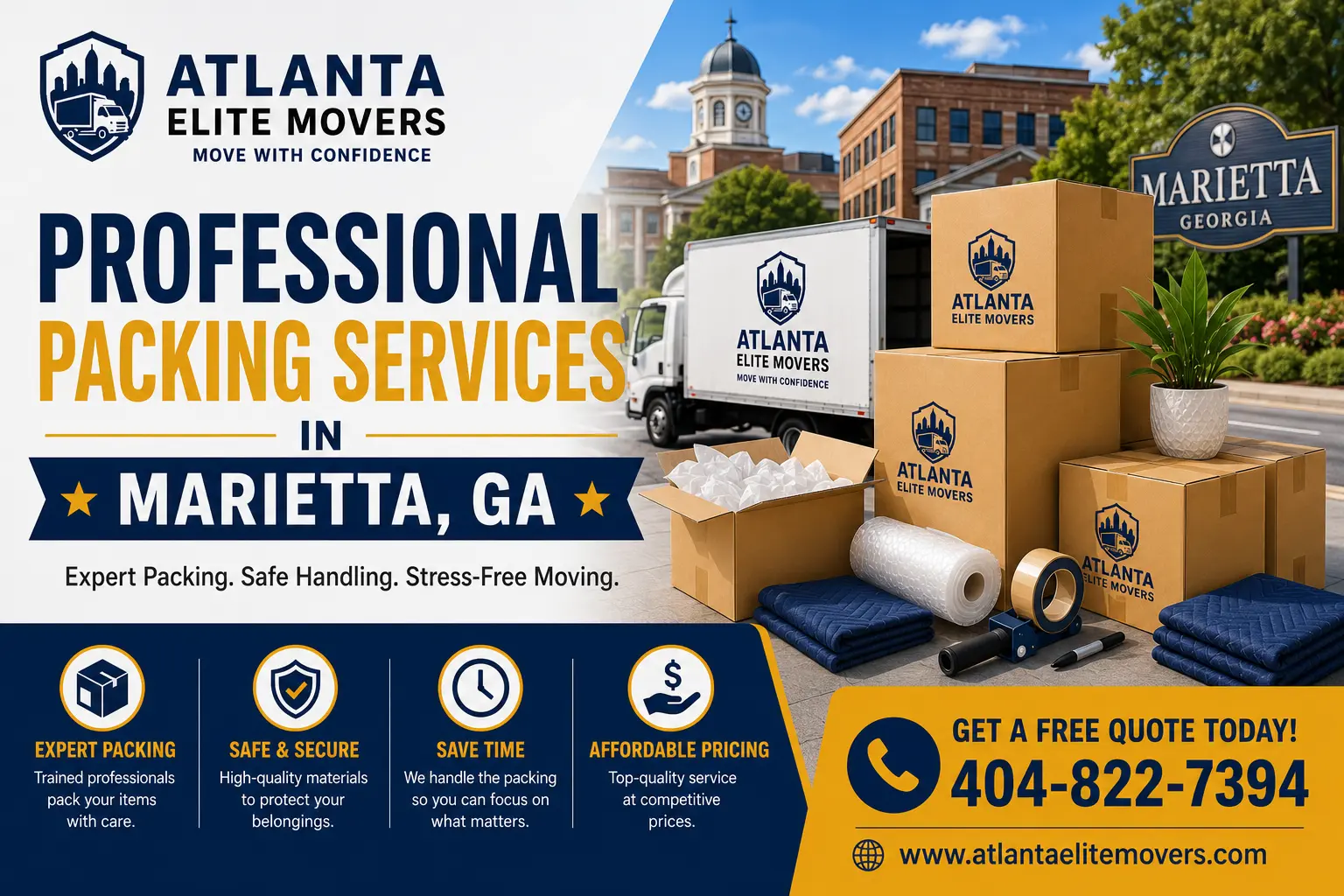 Professional packing services in Marietta, GA for homes, apartments, and businesses. Atlanta Elite Movers provides affordable packing, wrapping, and unpacking services across Metro Atlanta.