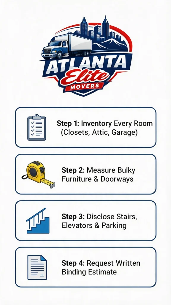 Infographic displaying a 4-step checklist to get an accurate moving quote over the phone or video call.