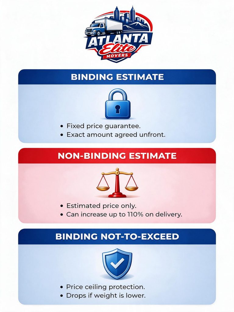 Infographic comparing binding vs non-binding estimates and binding not-to-exceed moving contracts
