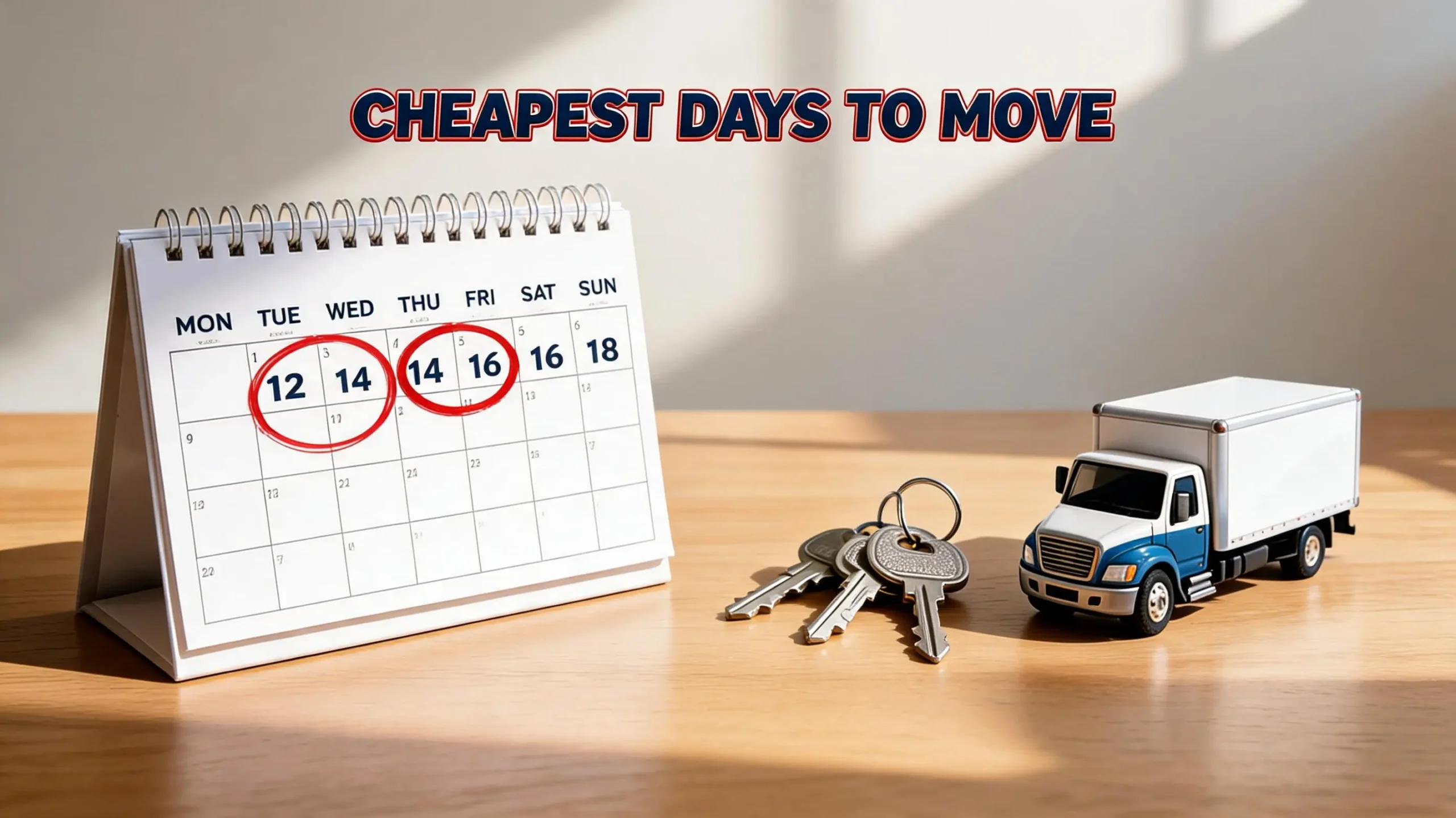 Desktop calendar showing the cheapest days of the week and month to book movers.