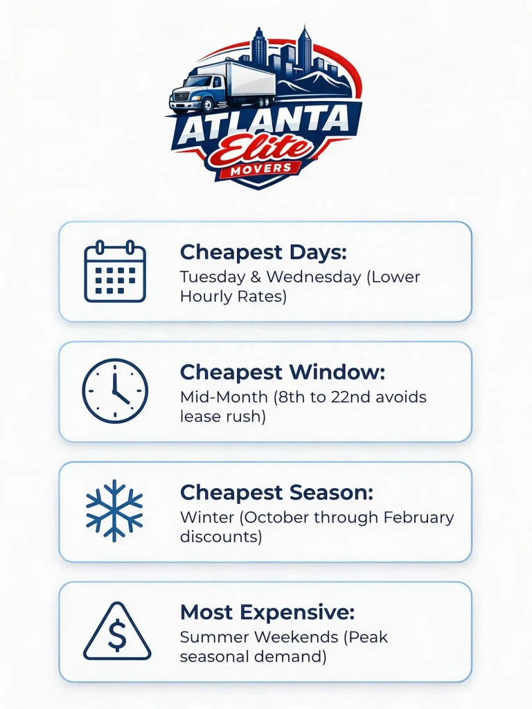 cheapest-days-to-book-movers-infographic.webp Infographic displaying the cheapest days of the week, month, and season to book movers.