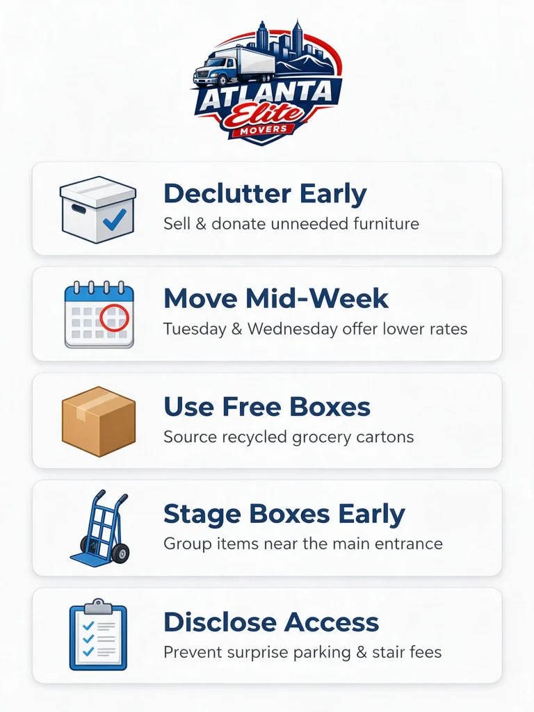Infographic displaying 5 top strategies to save money on your move.