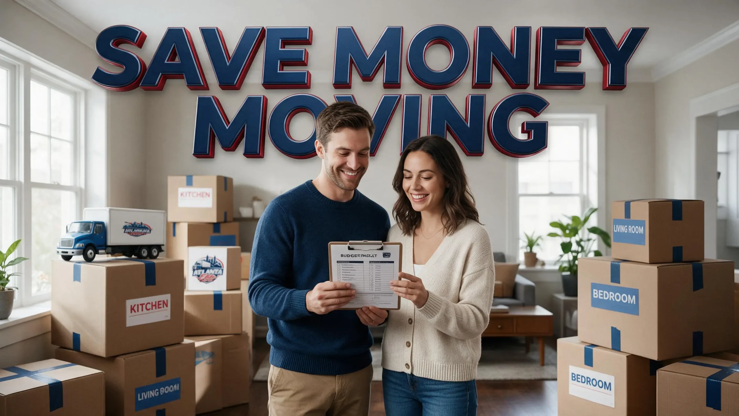 Couple reviewing budget tips on how to save money on your move.